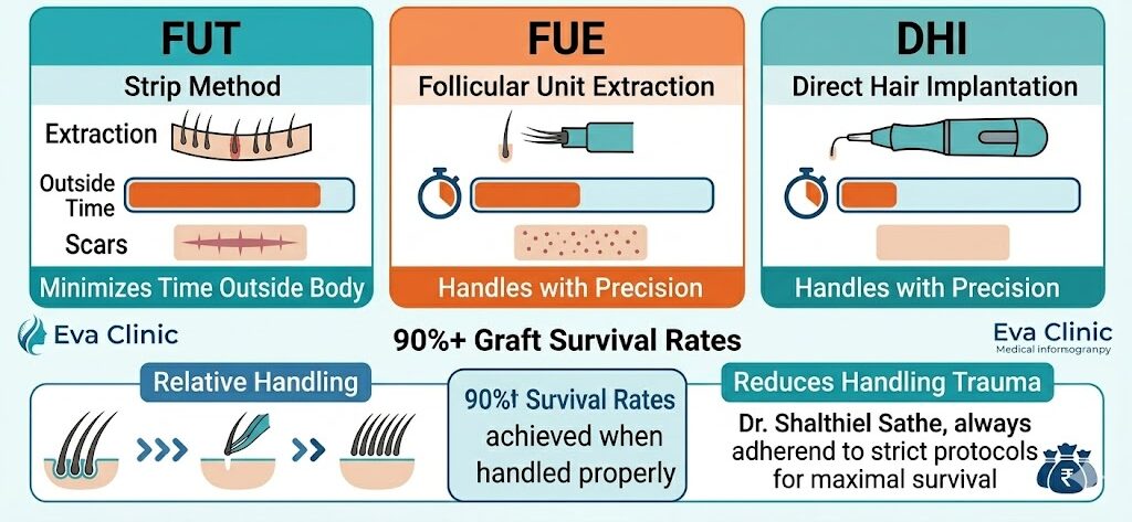 FUT FUE and DHI hair transplant technique comparison and graft survival rate